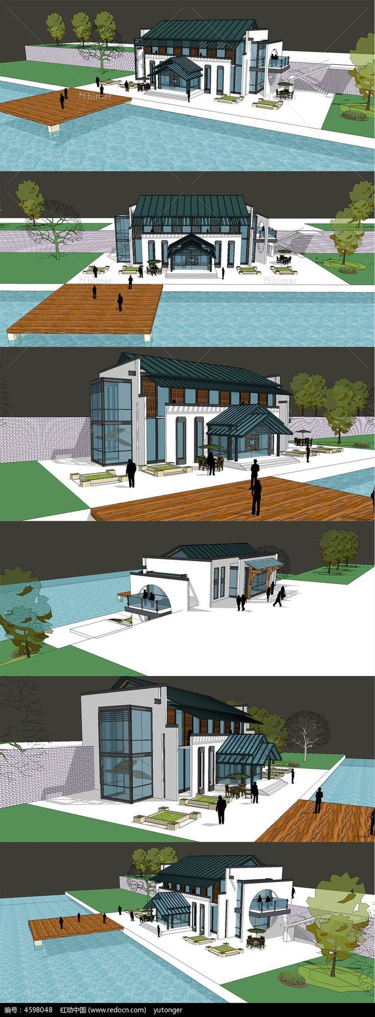 现代中式水岸会所建筑SU模型设计