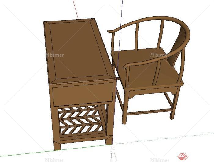 古典中式木质办公桌椅设计SU模型