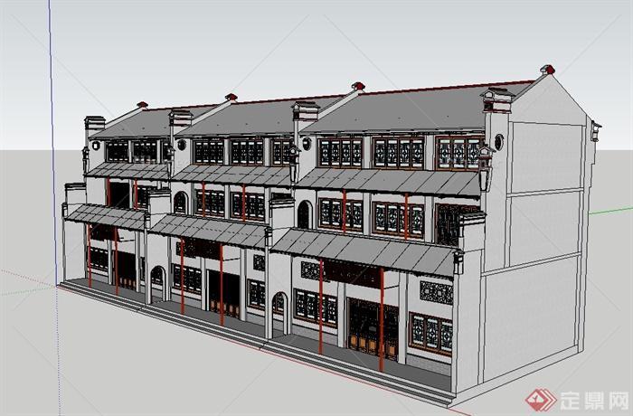 现代中式风格沿街商业建筑设计su模型[原创]