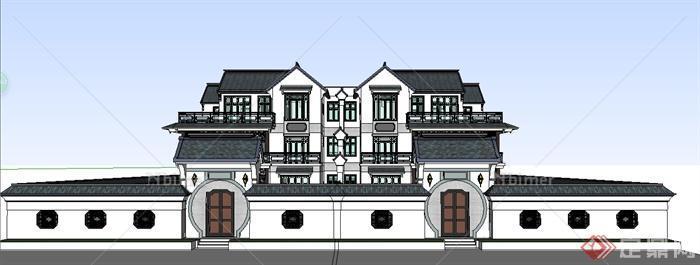 某现代中式风格三层别墅建筑设计su模型
