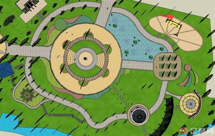 小型带水景休闲公园景观设计SU模型