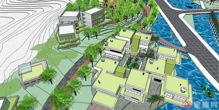 某现代风格滨河中心城市整体建筑规划设计SU模型