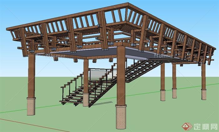 中式风格木制观景平台su模型