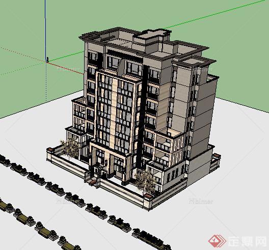 某现代风格多层住宅建筑设计方案SU模型1