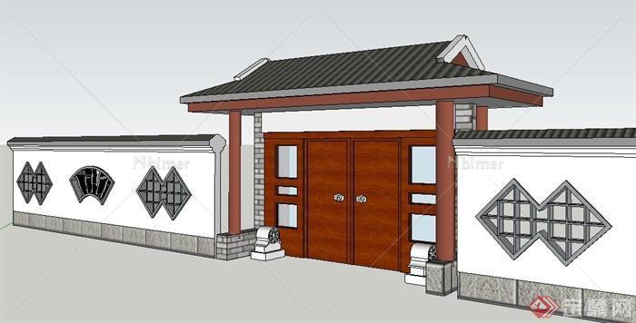 现代中式风格住宅大门及镂空围墙su模型