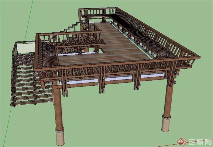 中式风格木制观景平台su模型