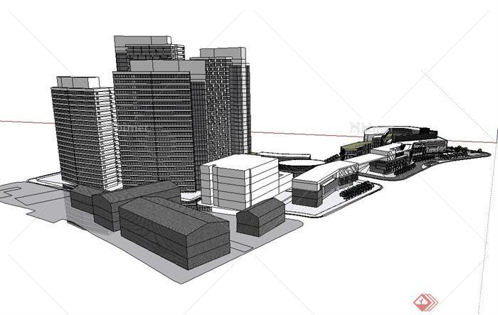 某现代风格精致详细商业街建筑楼设计SU模型[原创
