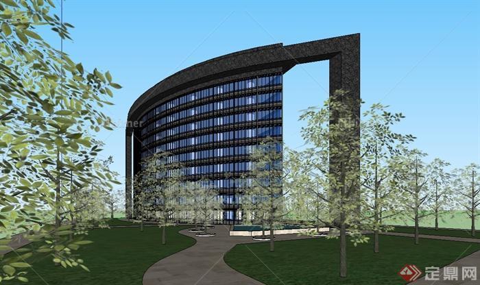 某现代风格独特造型的办公建筑楼设计su模型[原创