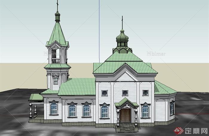 某单层欧式风格青色教堂建筑设计SU模型