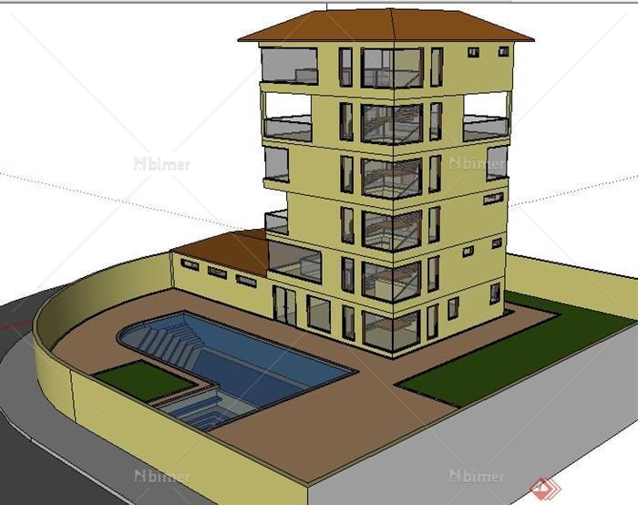 现代多层私人住宅居住建筑设计su模型