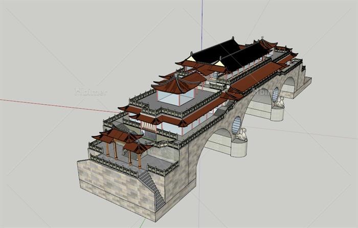 古典中式木质廊桥设计SU模型[原创]
