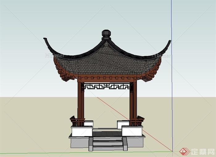 古典中式半边瓦房顶亭子设计su模型