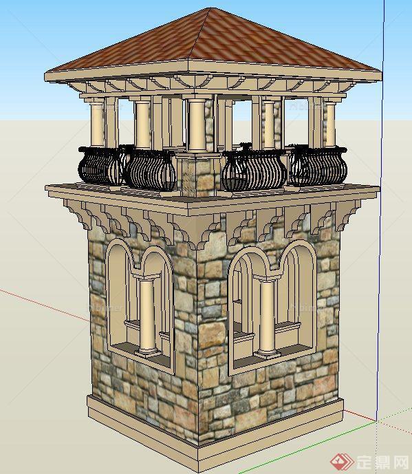 欧式两层塔楼设计SU模型