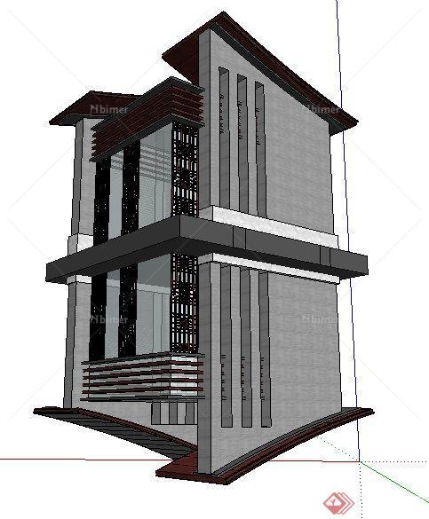 现代中式二层观景塔楼su模型