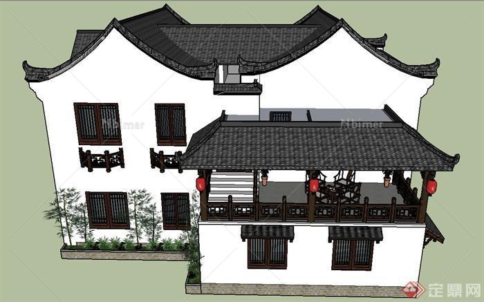 某古典中式两层组合住宅建筑设计SU模型