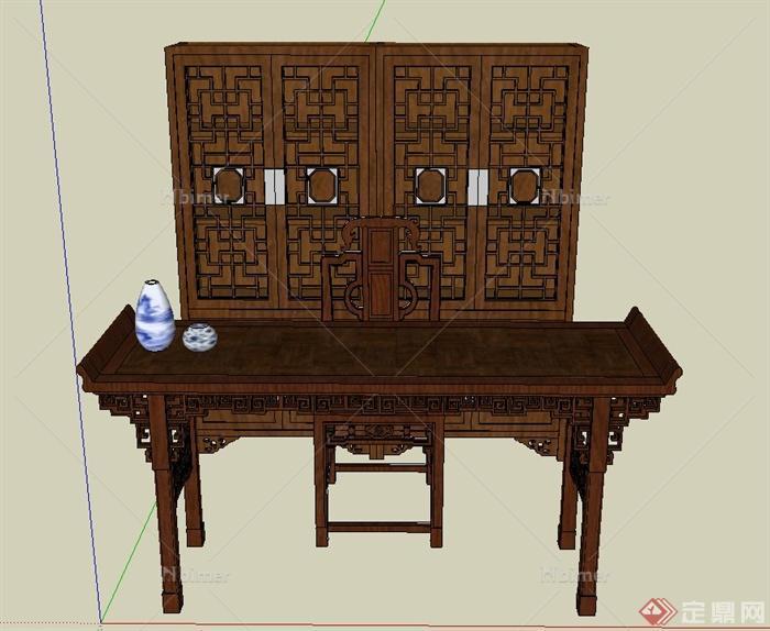 古典中式木质桌子与地柜设计SU模型