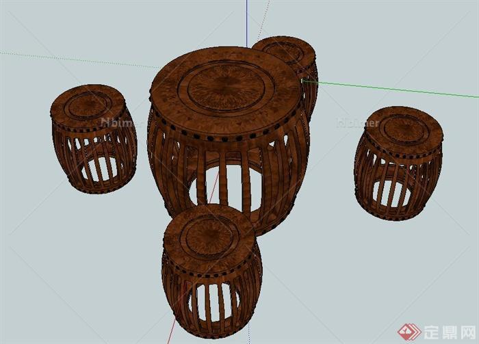 室内木质圆形四人茶桌凳设计SU模型
