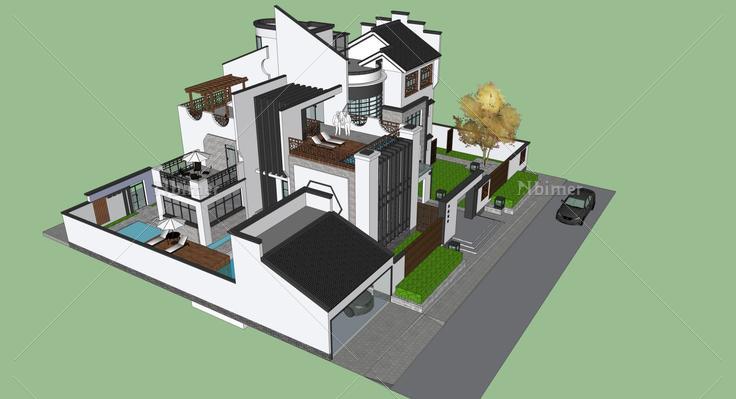 新中式别墅 SU+DWG(97174)su模型下载