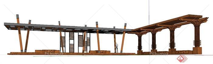 现代中式转角木制廊架设计su模型