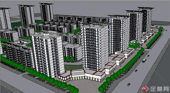 现代风格高层+多层住宅小区建筑设计su模型[原创