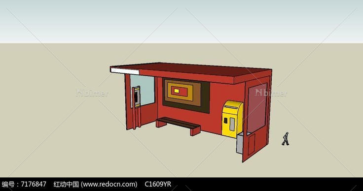 红色简约现代公交车候车亭SU模型