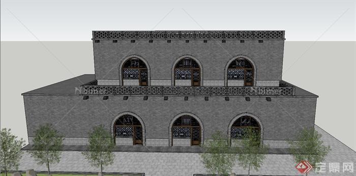 古典中式两层窑洞住宅建筑设计SU模型