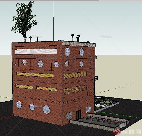 现代三层公寓建筑设计su模型