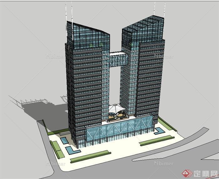 现代风格详细精致双塔楼办公大楼设计SU模型[原创