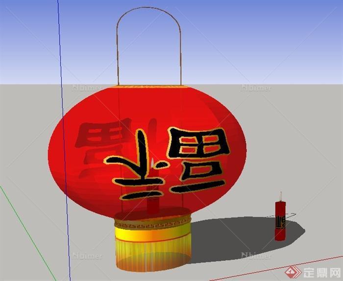 古典中式红色福字灯笼设计SU模型