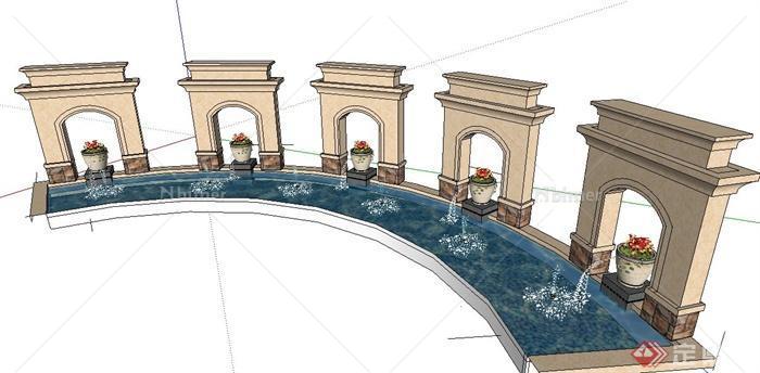 新古典弧形喷泉水景su模型