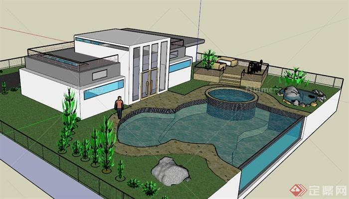 某现代别墅带泳池庭院景观设计SU模型