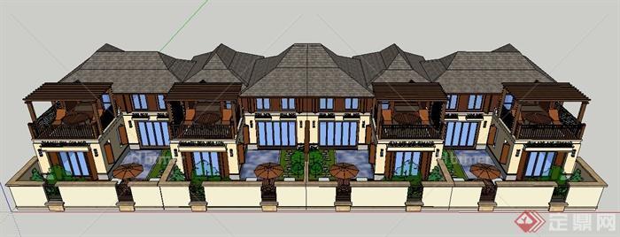 东南亚风格联排别墅建筑景观设计su模型