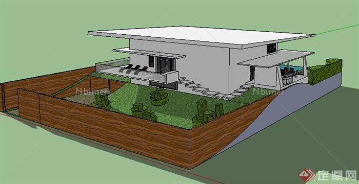 现代风格两层坡地带庭院别墅建筑设计su模型