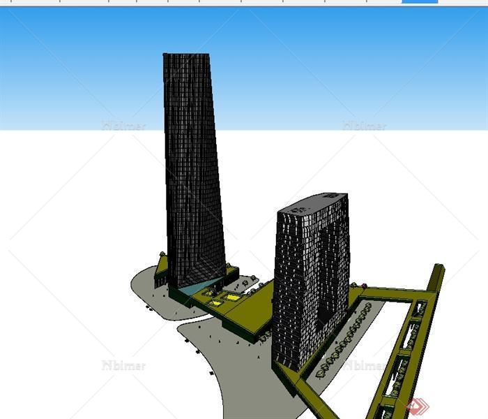 现代风格两栋详细办公大楼设计SU模型[原创]