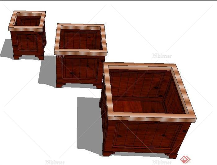 三个木质方形大小不一样的花箱设计SU模型[原创]