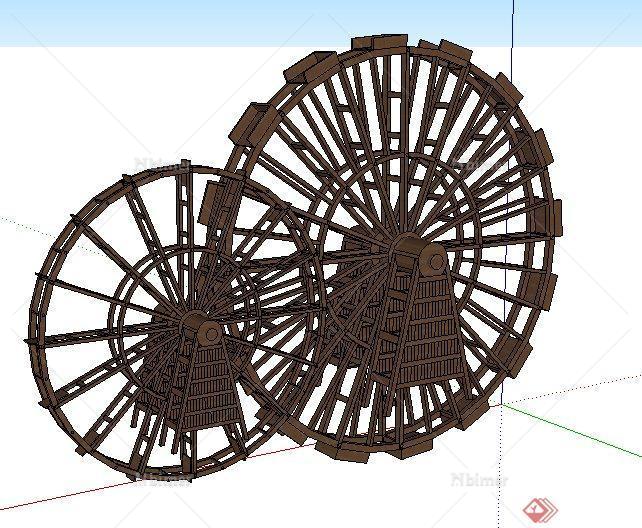 木质两个水车设计SU模型