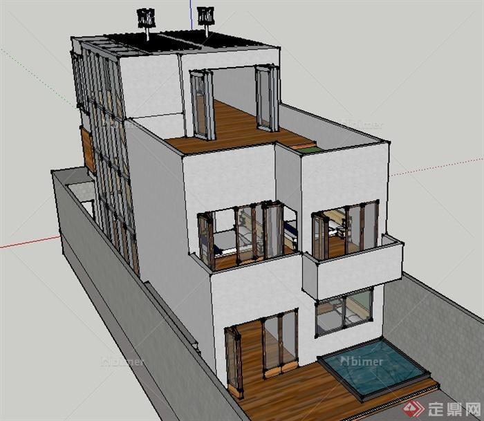 某现代风格三层私人住宅楼建筑设计SU模型