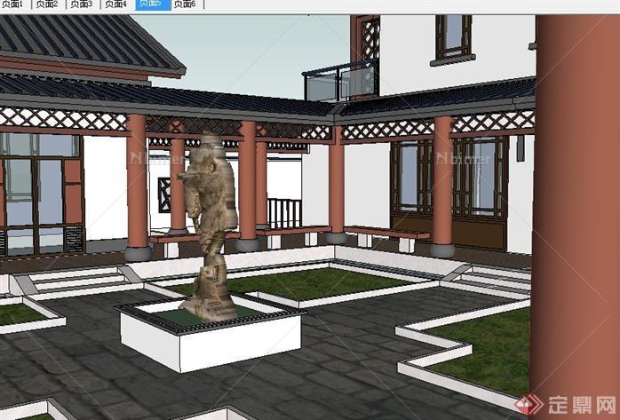 中式古建别墅院落景观和建筑SU精致设计模型
