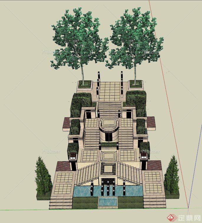 新古典台阶组合景观设计SU模型