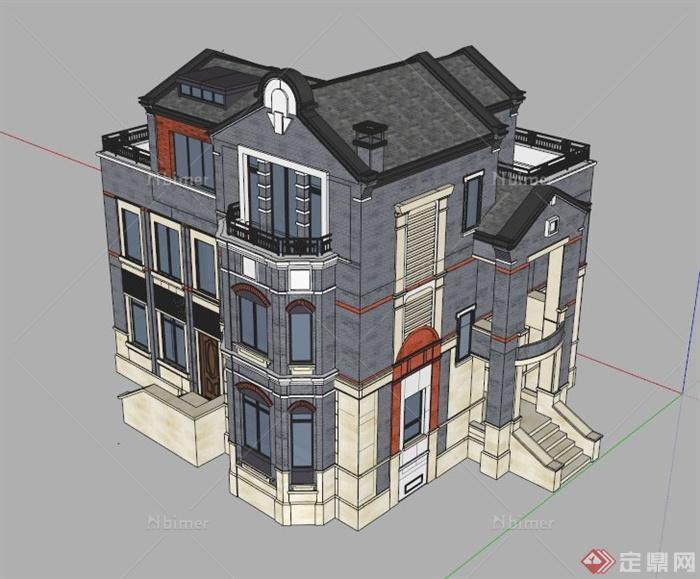 欧式三层别墅建筑设计SU模型