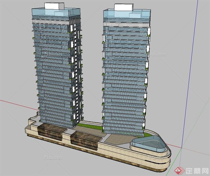 现代高层写字楼建筑设计su模型（含商场建筑）