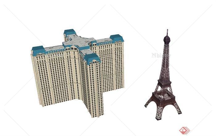 某十字形高层办公建筑与埃菲尔铁塔建筑设计SU模