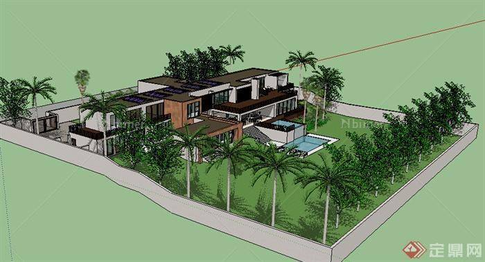 现代风格两层别墅建筑带游泳池庭院设计su模型