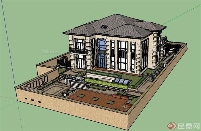 美式风格独栋别墅住宅楼建筑及庭院设计su模型[原