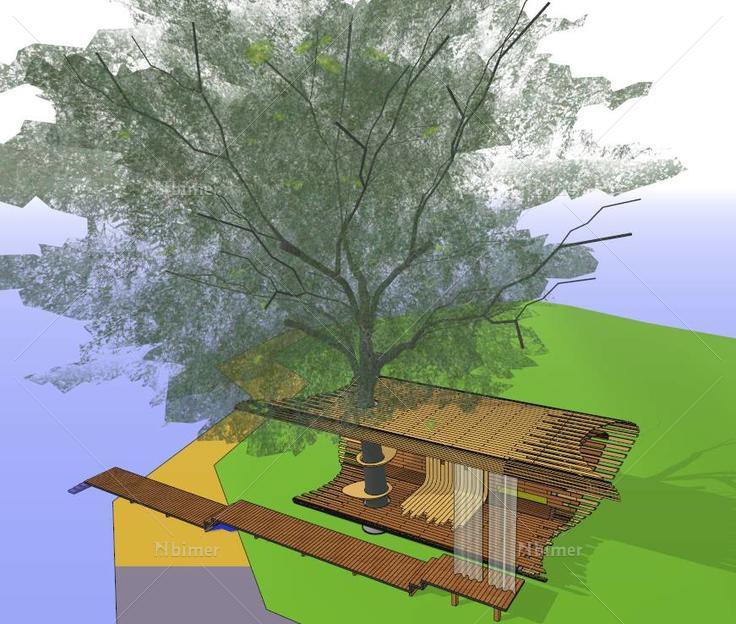 特色观景台座椅sketchup模型 木栈道休闲座椅SU草