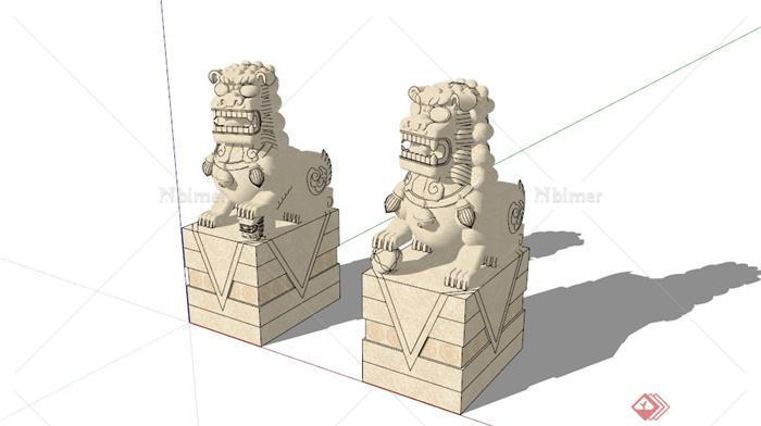 某两个石狮子雕塑组合SU模型