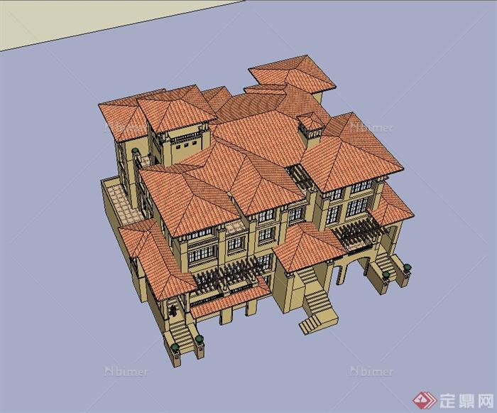 西班牙风格叠拼别墅建筑楼设计su模型[原创]