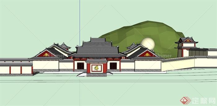 某现代中式寺庙建筑SU模型[原创]