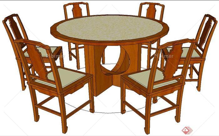 中式六人座圆形餐桌椅su模型