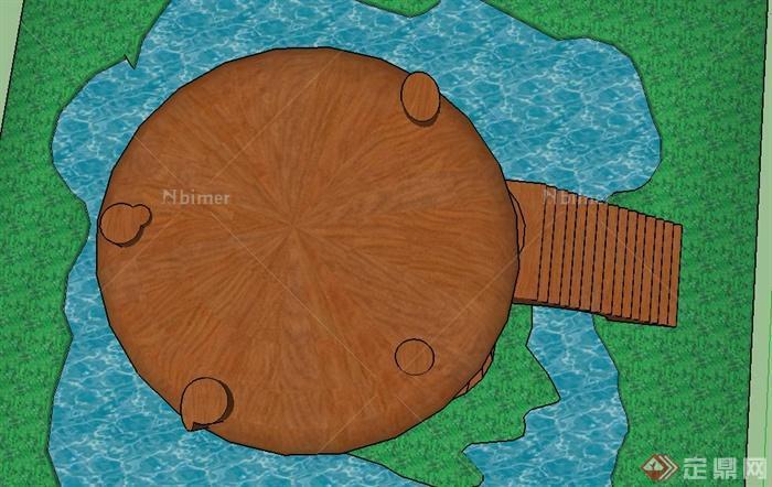 园林景观圆形木质亭子设计SU模型